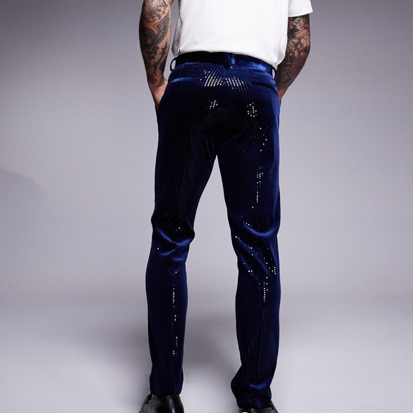 ASOS DESIGN skinny suit trousers in velvet sequin in navy - Picture 4 of 4